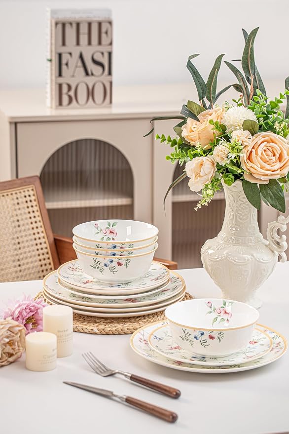 FHGNYSM Dinnerware Set for 4 (English Garden Style) | 12-Piece Porcelain Lightweight Plates and Bowls Sets , Kitchen Dinner Set with Whisper of Golden Banding