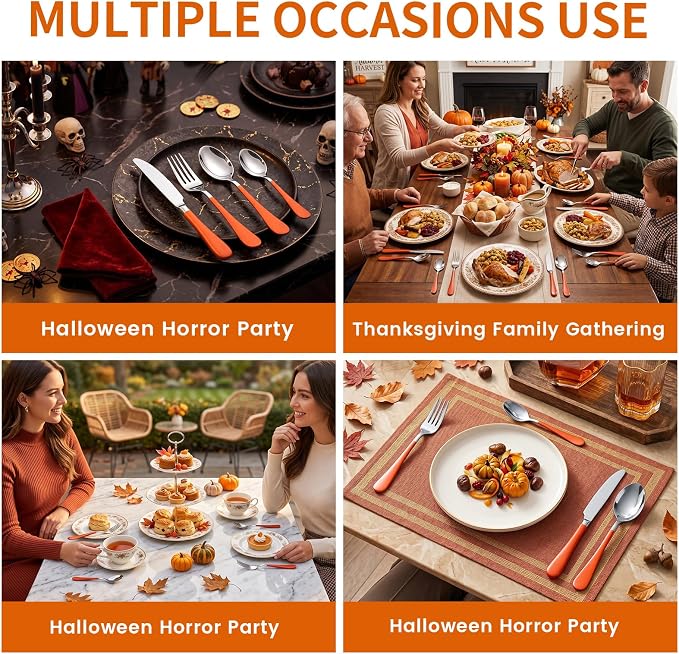Orange Silverware Set with Holder for 6-24 Piece Stainless Steel Flatware Set with Spoons, Forks, Knives, Heavy Duty Mirror Polished Cutlery Set for Home, Kitchen, Restaurant