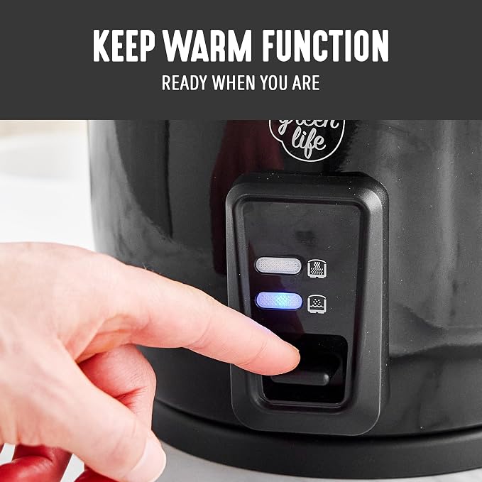 GreenLife Rice Cooker, 3-Cups Uncooked/6-Cups Cooked, Black | PFAS-Free Ceramic Nonstick Removable Pot, One-Switch Design, Grains Multicooker, Keep Warm, Dishwasher Safe Parts, Easy Clean
