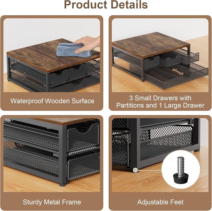 Coffee Pod Holder For Counter, 3 Pull-Out 72 K-Cup Holder Drawer, Wooden Cafe Pods Storage Organizer with Sliding Drawers for Coffee Station, Home, Kitchen, Office, Dorm (Antique Finish)