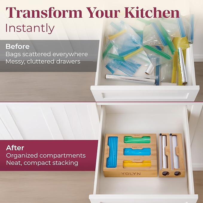 Bamboo Food Storage Bag Organizer for Drawer with Foil & Plastic Wrap Dispenser – Premium Detachable Kitchen Organizer for Gallon, Quart & Sandwich Bags