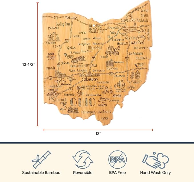 Totally Bamboo Destination Ohio State Shaped Cutting Board | State charcuterie serving board with engraved map artwork. Smooth reverse side for food prep. Hang tie for wall display.