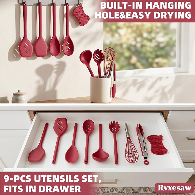 Kitchen Utensils Set,9 PCS Silicone Cooking Utensils Set Spatula Set,Cooking Utensils Tool,Tongs,Spoon,Whisk,Brush,Dishwasher Safe Kitchen Gadgets for Non-Stick Cookware,Home Essential(Red)