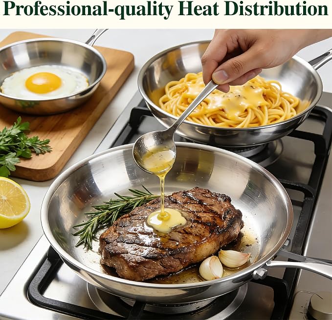 Umite Chef 5 Ply Stainless Steel Frying Pan 8 inch, Non Toxic Professional Stainless Steel Skillets, Dishwasher and Oven-Safe Chef Pan, PFOA&PTFE Free Cookware, Fast & Even Heat, Stay-Cool Handle