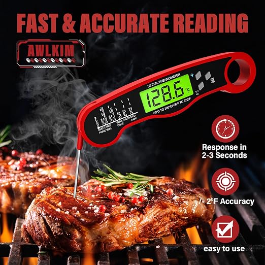 AWLKIM 2 Pack Meat Thermometer Digital, Instant Read Food Thermometer, Red | Waterproof cooking thermometer with doneness chart, backlight, F/C switch for BBQ, candy, oil