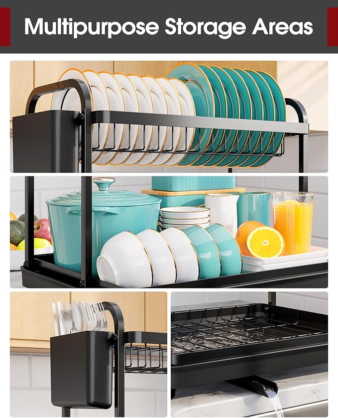 Sakugi 2-Tier Dish Drying Rack - Stainless Steel Dish Rack with Cutlery & Utensil Holders for Kitchen Counter, Sink Organization and Storage for Small Family, 15" W x 11.4" L x 15" H, Black | Kitchen, Sink Counter, Stainless Steel, Counter Top, Utensil...