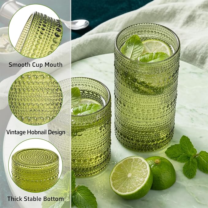 Hobnail Drinking Glasses Set of 12 Kitchen Glass Cups Glassware, Green | 12 oz Highball Glasses & 10 oz Cocktail Glasses, Clear Embossed Glassware Set for Beer, Juice, Cocktail, Whiskey, Milk