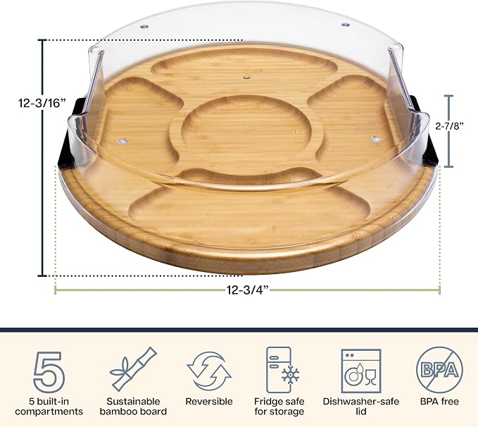 Totally Bamboo Flip, Serve & Store Reversible Charcuterie Board with Lid | Round portable serving board with 5 compartments and locking travel cover. Cutting side includes juice groove for prep.