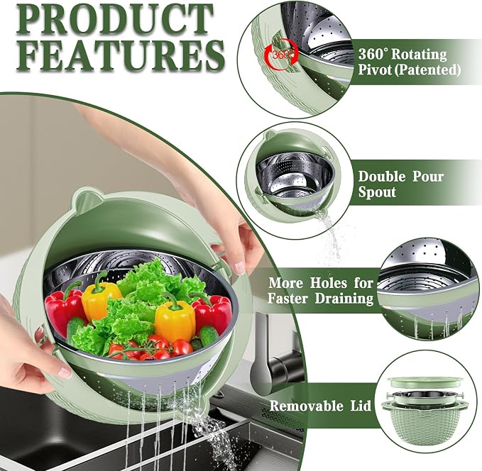4-1 Colander with Fruit Bowl Set - Colander for Kitchen, Rotatable Strainers and Colanders(Patented), Pasta Strainer with New Upgraded Graters for Fruit, Veggie, Aesthetic Kitchen Essentials - Green