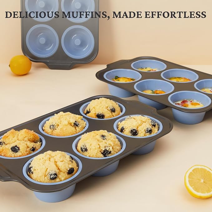 BRONYPRO Jumbo Silicone Muffin Pan with Metal Frame, 3.5" Large Muffin Tins, Non-Toxic Food Grade Silicone, Non-Stick for Egg Bites & Big Cupcakes, Oven Safe, Blue