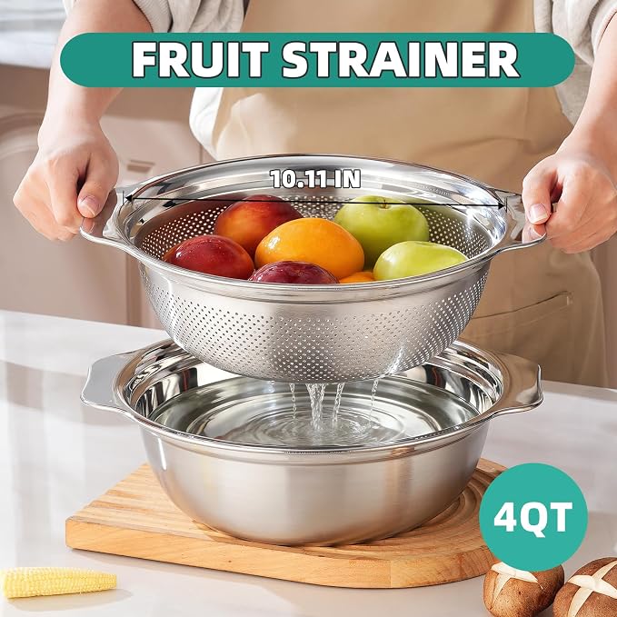 Colander for Kitchen Stainless Steel, 4QT Rice Strainer Bowl with Handle for Washing Pasta, Spaghetti, Vegetables, Fruit, Durable Use, Dishwasher Safe(2PC)