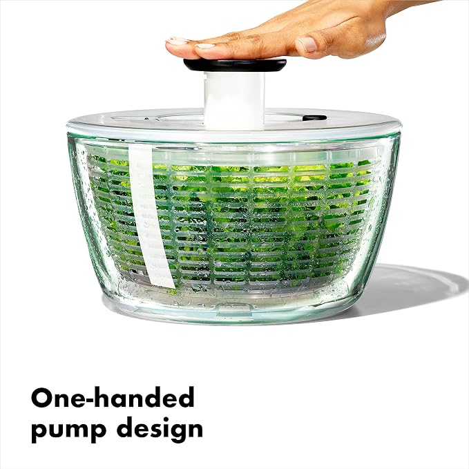 OXO Good Grips Glass Salad Spinner (6.22 Quart) and OXO Good Grips GreenSaver Produce Keeper - Large (5 qt/4.7 L), White