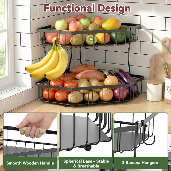 2 Tier Fruit Basket for Kitchen Counter with 2 Banana Hangers for Corner | Detachable Metal Fruit Bowl with Wooden Handle, Large Capacity Fruit Stand for Bread Fruit and Vegetable Storage, Black