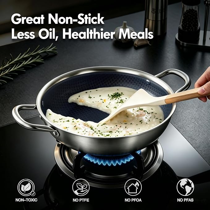 BRASA Nonstick Deep Frying pan with lid,10.24in/3QT,Stainless Steel Saute Pan,nonstick Cookware,Compatible Gas,Electric & Induction,Dishwasher safe PFOA Free(10.24in+5.9in trivet) Dual Handles