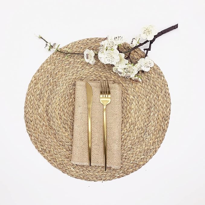 Woven Placemats for Dining Table Set of 2, 100% Natural Straw, Rustic Round Placemats Farmhouse Table Mats Rattan Wicker Placemats Hand Braided Place Mats for Indoor Outdoor, 14.17“