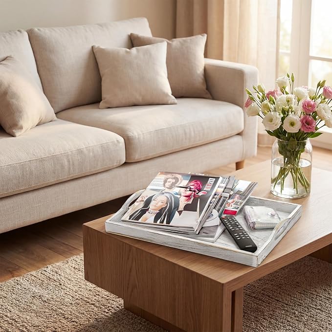 2 Pack Wood Serving Tray, 16.5" Ottoman Wooden Trays for Coffee Table, Farmhouse Vintage Decorative Tray Platter with Cutout Handle for Eating, Breakfast, Rectangle, 16.5" L x 11" W