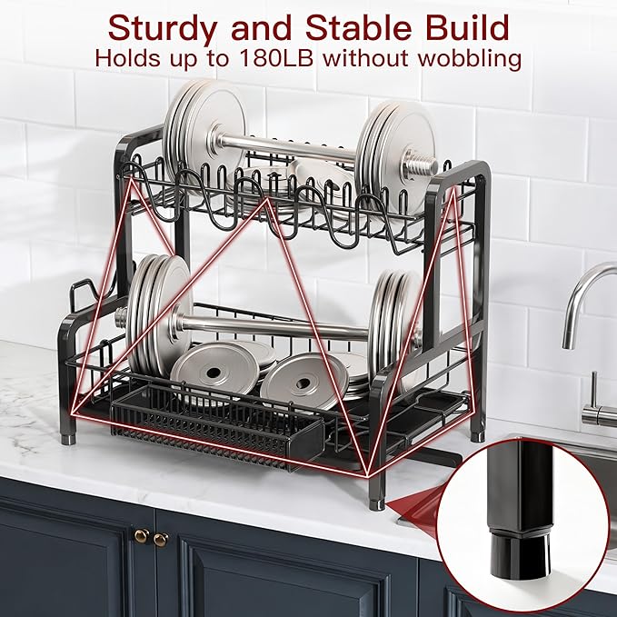 2 Tier Black Stainless Steel Dish Drying Rack for Kitchen Counter | Large Capacity Dish Drainer with Drainboard, Cup & Utensil Holder, Space Saving Rustproof Metal Plate Rack, Fast Drain