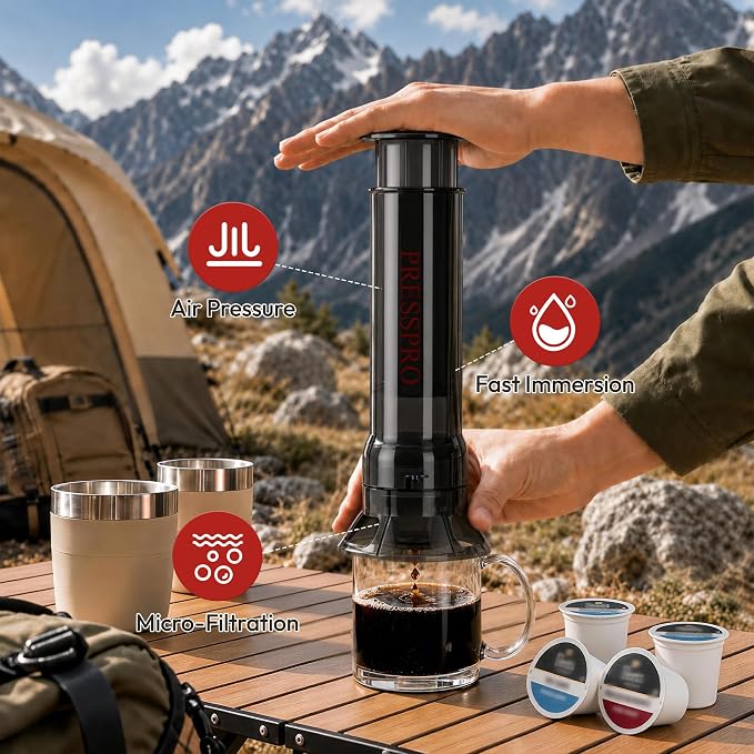 Camping French Press - Portable Coffee Maker for K Cup Pods and Grounds | Mini Coffee Press with No Grit Filter,Paper-Free Brewing,Less Bitterness & More Flavor,Camping Essentials,Hiking or Travel