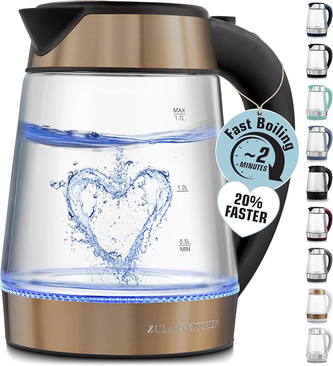 Zulay Kitchen Fast Boiling Electric Water Kettle - 1.7L, 1500W, Auto Shut-Off for Overboil & Boil Dry Protection, Cool-Touch Handle, 360° Base - Rapid Teapot Boiler For Coffee & Tea - Black Copper