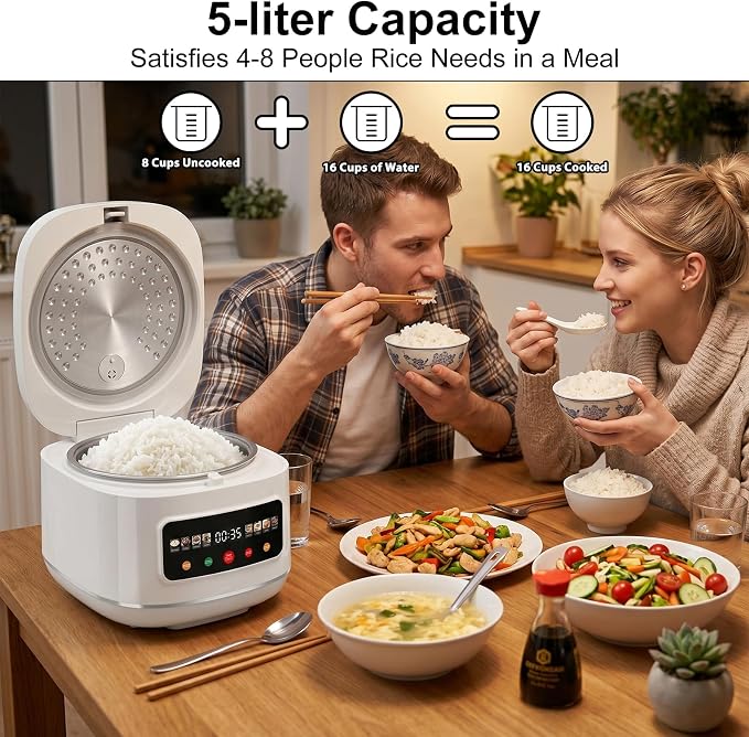 Digital Rice Cooker, 8-Cup Uncooked/16-Cup Cooked Capacity, Touch Screen with 8 Cooking Programs, Auto Keep Warm, 24-Hour Delay Timer, Non-Stick Inner Pot & Steamer Basket for White/Brown Rice, Quinoa, Oatmeal, Porridge, Soup