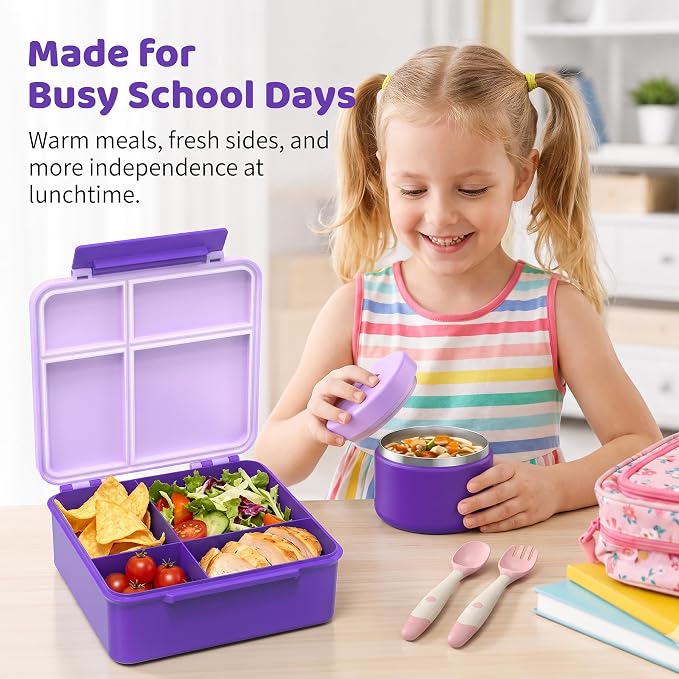Pawtong Bento Lunch Box with 8oz Soup Thermo, Kids Leakproof Lunch Food Containers with 4 Compartment, Kids Thermo Insulated Hot Food Jar for School, Trvael (Purple)