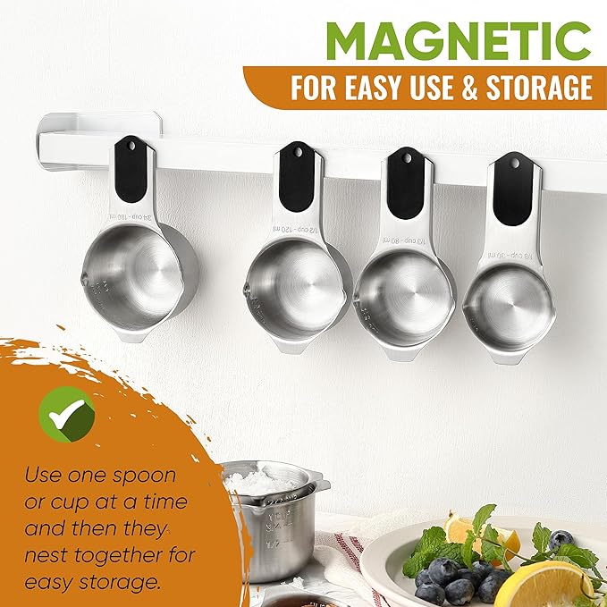 Spring Chef Magnetic Measuring Cups & Spoons Set of 16, Patented, Black | Stackable Stainless Steel Measuring Cups & Heavy Duty Metal Measuring Spoons with Levelers for Dry & Liquid Ingredients