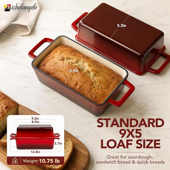 MICHELANGELO Enameled Cast Iron Bread Pan with Lid, 9x5 Sourdough Loaf Pan | PFAS-Free enamel | Use two pans or stack as a lid for crispier crust I Ideal for sandwich bread, banana bread and meatloaf.