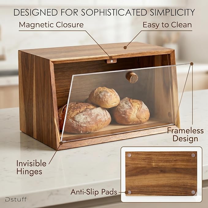 Dstuff Large Acacia Wood Bread Box for Kitchen Countertop - Minimalist Wooden Breadbox with Frameless Acrylic Window & Hidden Hinges - Farmhouse Storage Cabinet Organizer, Bread Box, Wood Box