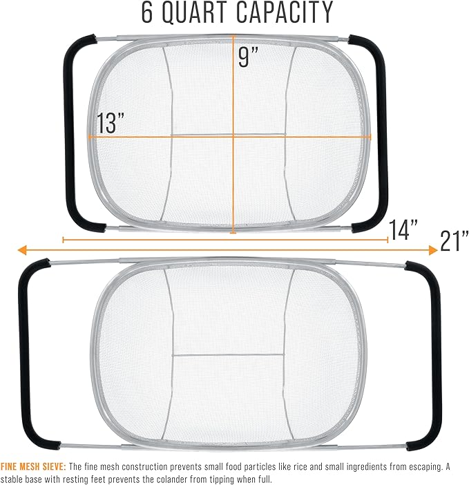 U.S. Kitchen Supply Stainless Steel Colander Strainer - 6-Quart Collapsible Colander with Expandable Rubber Handles - Rectangular Sieve, Fine Mesh Stainless Steel Strainers and Colanders for Kitchen