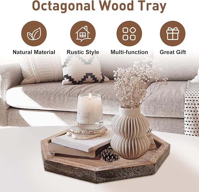 Rustic Candle Holder Plate Round Wooden Decorative Tray for Coffee Table | Boho Farmhouse Kitchen Home Counter Decor Living Room Small Wood Serving Tray Dining Table Centerpiece Bathroom Vanity Trays
