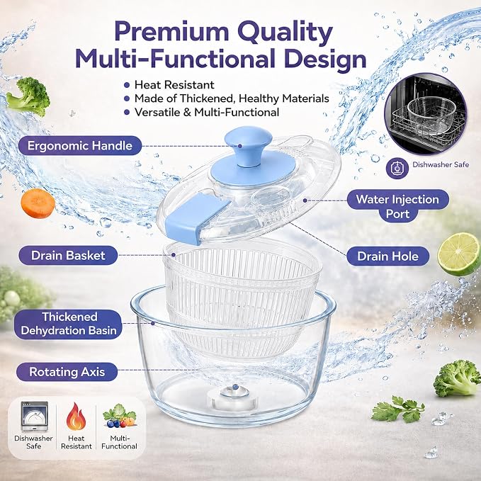 3.2 Qt Glass Salad Spinner with Storage Lid, Non-Slip Base & Basket, Blue | Compact Vegetable Dryer and Greens Washer with Clear Basket & Crank Handle; Borosilicate Bowl Microwave & Dishwasher Safe