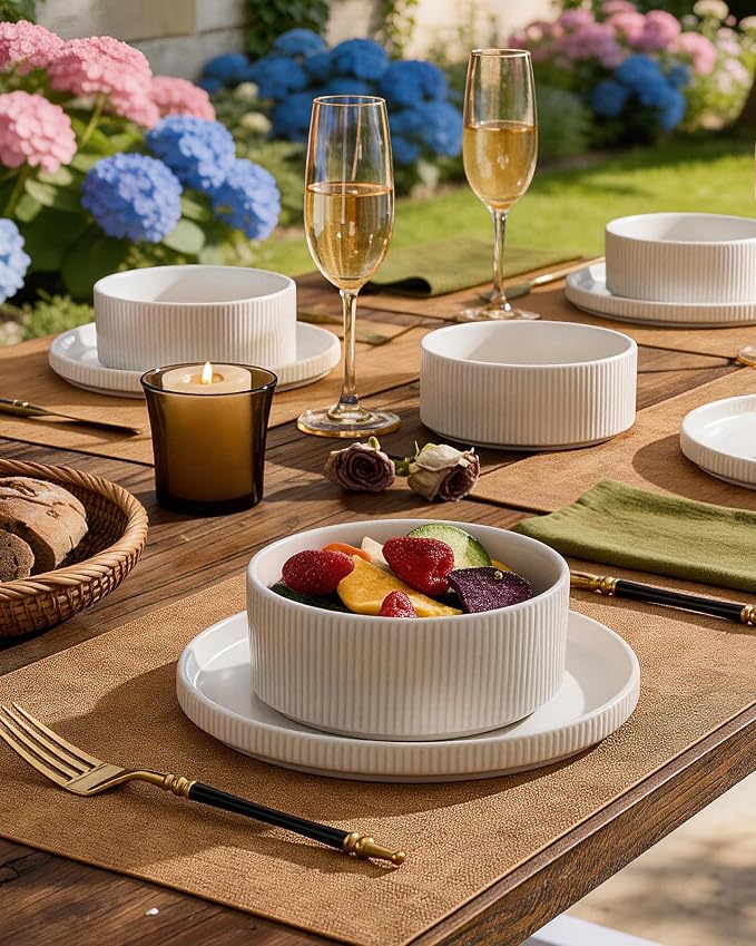Ceramic Dinnerware Sets for 4, 8-Piece Deep Salad Plates and Cereal Bowls | Famiware Premium Stoneware Dishes, Chip & Scratch Resistant, Microwave & Dishwasher Safe, Everyday & Serving Use, Matte White