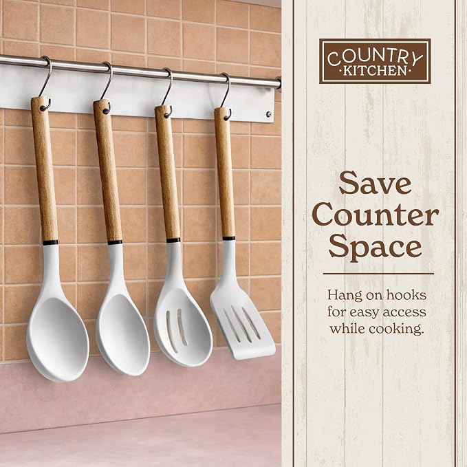 Country Kitchen Non Stick Silicone Utensil Set with Rounded Wood Handles for Cooking and Baking, 8 Piece Set, White