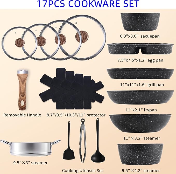 Simple Deluxe 17Pcs Ceramic Cookware Set, Nonstick & Non-Toxic Healthy Pots and Pans, Heat-Resistant Handles, Induction Cookware Sets with Frying Pans, Black