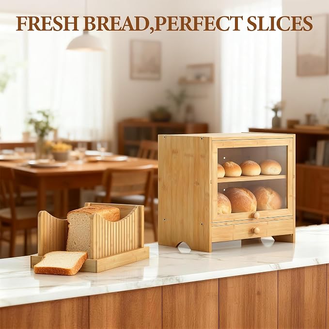 2 Tier Bread Box with Slicer and Cutting Board Extra Large | Bread Storage, Keep Bread Fresh, Bamboo, Large Capacity, Space-Saving, Acrylic Window, for Homemade Bread, Kitchen Storage