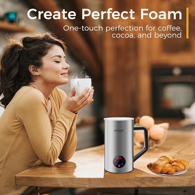 Milk Frother and Steamer, 6 in 1 Milk Steamer and Milk Warmer, 17oz Auto Shut Off Electric Frother with Touch Screen, Hot/Cold Foam Maker for Coffee, Latte, Cappuccino, Hot Chocolate, (Silver)