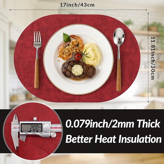 Placemats Set of 6, 11.8 x 17 Inch, Red | Heat Resistant Oval Faux Leather Place Mats, Waterproof Wipeable Reversible PU Placemat, Indoor & Outdoor