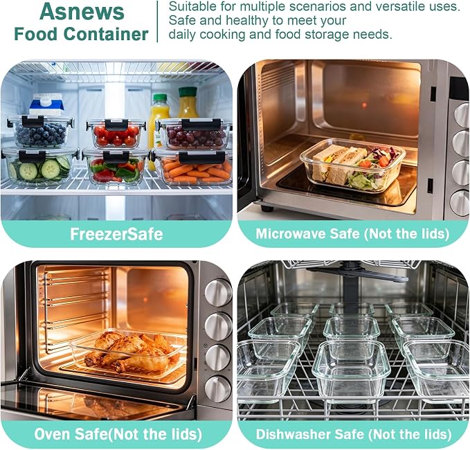 12 Pack Glass Food Storage Containers with Lids(Black) | Meal Prep Containers with Snap Locking Lids, Airtight Lunch Containers for Microwave, Oven, Freezer and Dishwasher, BPA Free