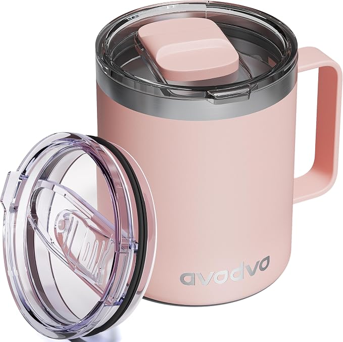 12oz Insulated Coffee Mug with Lid – Includes Two Lids, Stainless Steel Coffee Travel Mug with Handle, Double Wall Vacuum Insulated Camping Mug for Home, Office & Outdoor, Light Pink