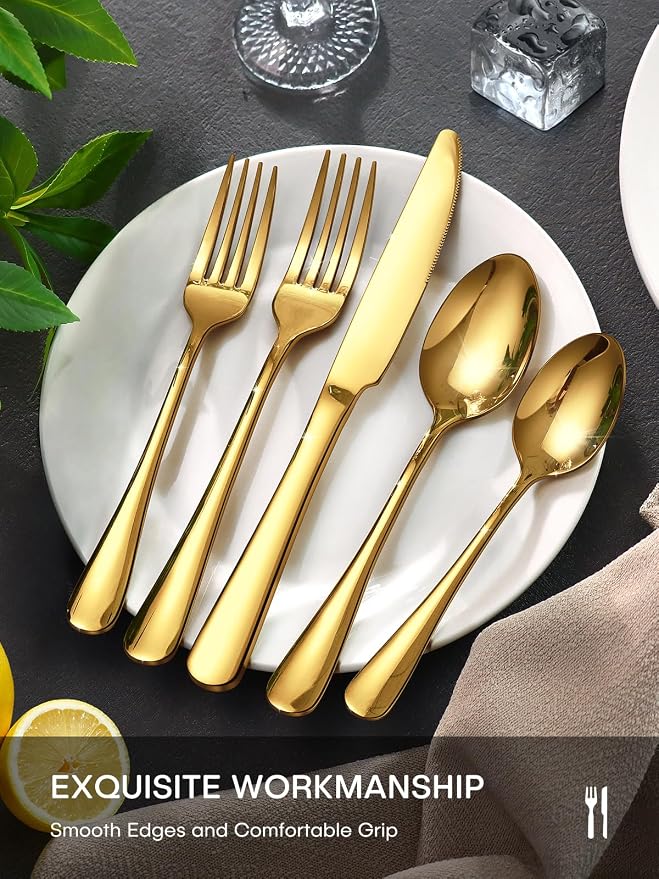 Gold Silverware Set, 30 Piece Flatware Set for 6, Mirror Polished Food-Grade Stainless Steel Cutlery Utensil Set Include Knives Forks Spoons for Kitchen Restaurant Wedding Party, Dishwasher Safe