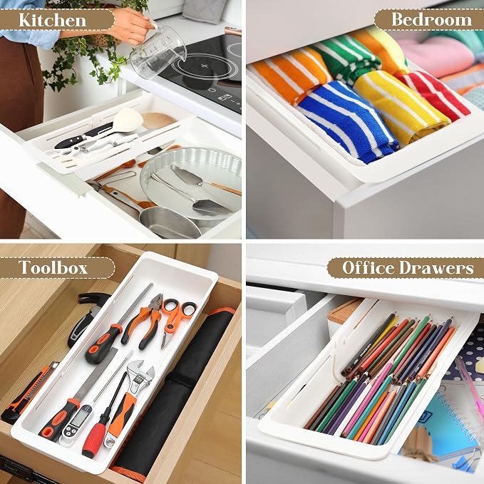 1 Pack Deep Drawer Organizer Adjustable Storage Bin(17.4-27.6") | Adjustable Width Design, Maximize Drawer Storage, Kitchen & Home Organization Solution