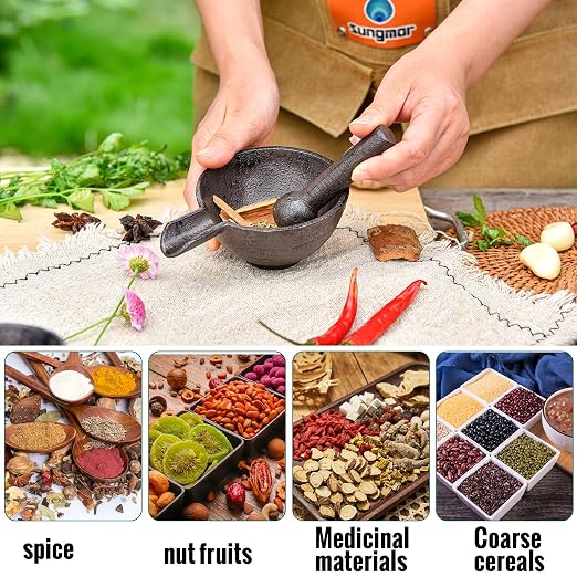 Sungmor Cast Iron 3.9 Inches Mortar with Pour Spout and 3.9 Inches Pestle | Small Heavy Duty Black Spice Grinder Set,Rustic Useful Kitchen Tools for Grinding Spices, Herbs, Nuts and Pesto