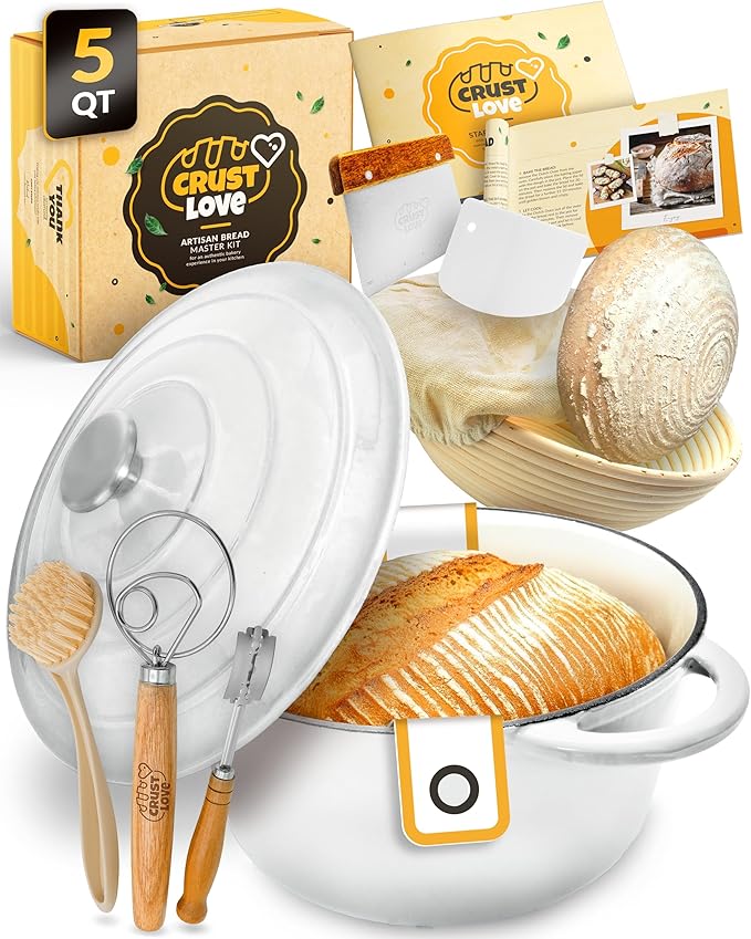 5 QT Enameled Bread Baking Pan with Lid for Artisan Sourdough Set | Dutch Oven for Sourdough Bread Baking, Enameled Bread Pan with Lid, Banneton, Bread Sling, Lame, Dough Whisk & Clear Guide