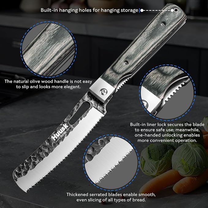 Huusk Japanese Folding Bread Knife - Pocket Knife with Wide Wavy Edge | Hand Forged Blade, Wooden Handle, Gift Box, For Homemade Bread, Steak and Tomato, For BBQ, Camping and Travel