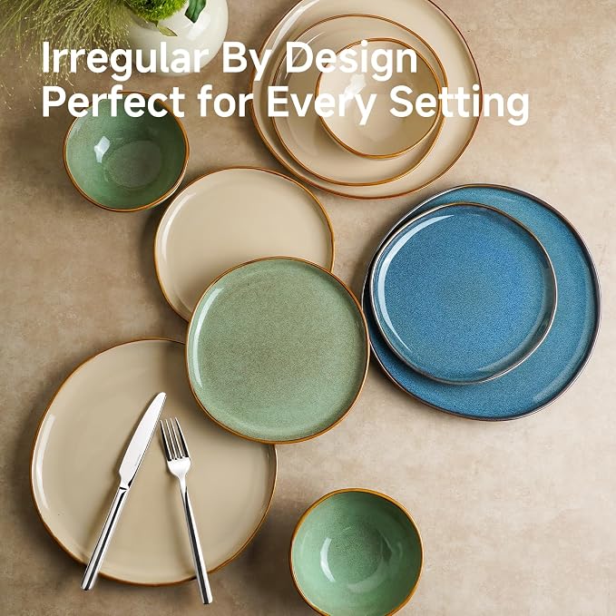 Stoneware Dinnerware Sets for 6, Reactive Glaze Plates and Bowls, Blue | 18-Piece Handcrafted Rustic Porcelain Dishes Set, Highly Scratch Resistant, Dishwasher & Microwave Safe