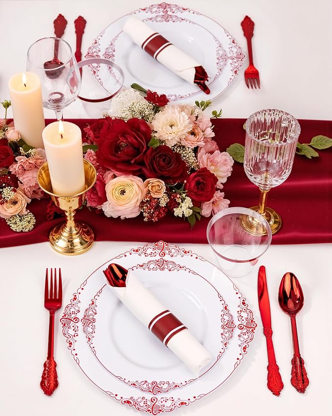 Nervure 175Pcs Red Plastic Plates, Red Plastic Dinnerware Set for 25 Guests | 25 7.5" Dessert & 25 10.25" Dinner Plastic Plate, 75 Cutlery, 25 9oz Cup, 25 Napkin for Wedding & Party, BPA-free, Heavy-duty