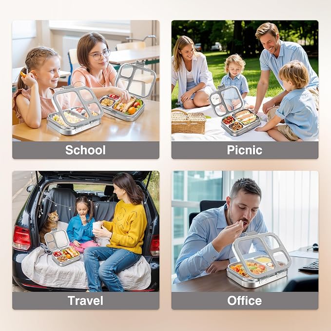 HOMEKOL Stainless Steel Bento Lunch Box, Grey, 3.3Cups | 3-Compartment,Leak-Proof, for Kids & Adults, BPA-Free, Dishwasher Safe, Clear Tritan Lid, 800ml (Not Insulated)