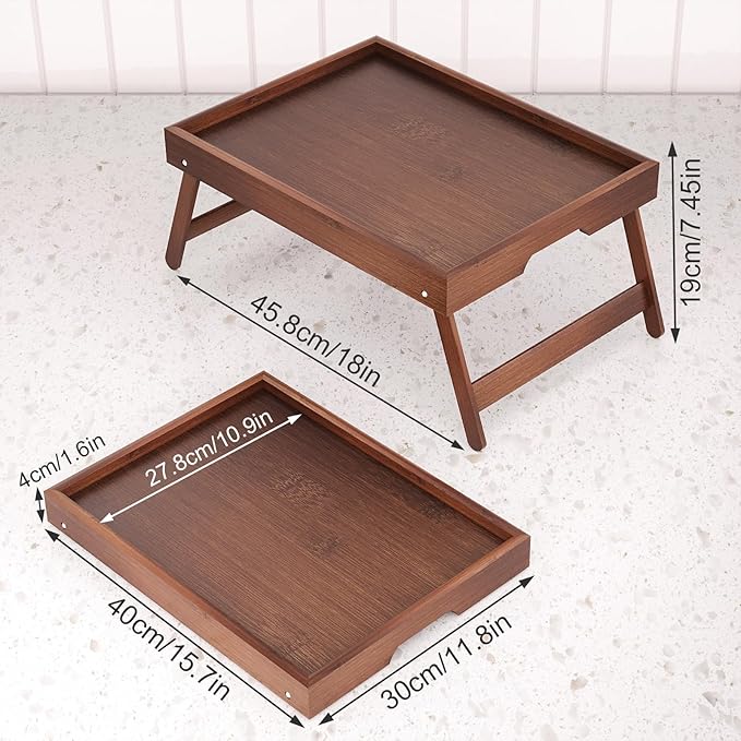 Fibogollo 4 Pack Bamboo Bed Tray Table with Folding Legs,Breakfast Trays,Serving Tray for Food and Snack,Laptop Trays for Working(Brown)