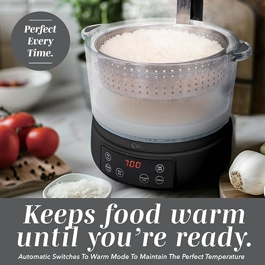 COOK WITH COLOR Glass Mini Low Carb Rice Cooker – Holds 2 Cups Raw/Makes 6 Cups Cooked with Auto Lift Filter Basket, Hotpot & Steamer for Rice, Grains, Digital Panel with Keep Warm, Black