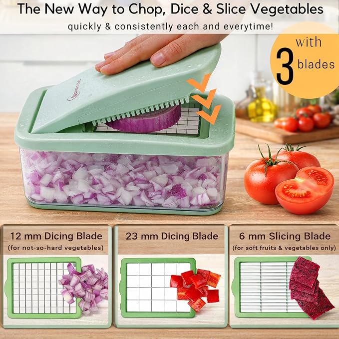 Onion Chopper Vegetable Dicer: Brieftons QuickPush Push-Down Food Chopper, Green, 3 Extra Large Blades, 200% More Cutting Area, 2.6-Quart Container, No Electricity, 12mm/23mm Dice & 6mm Slice